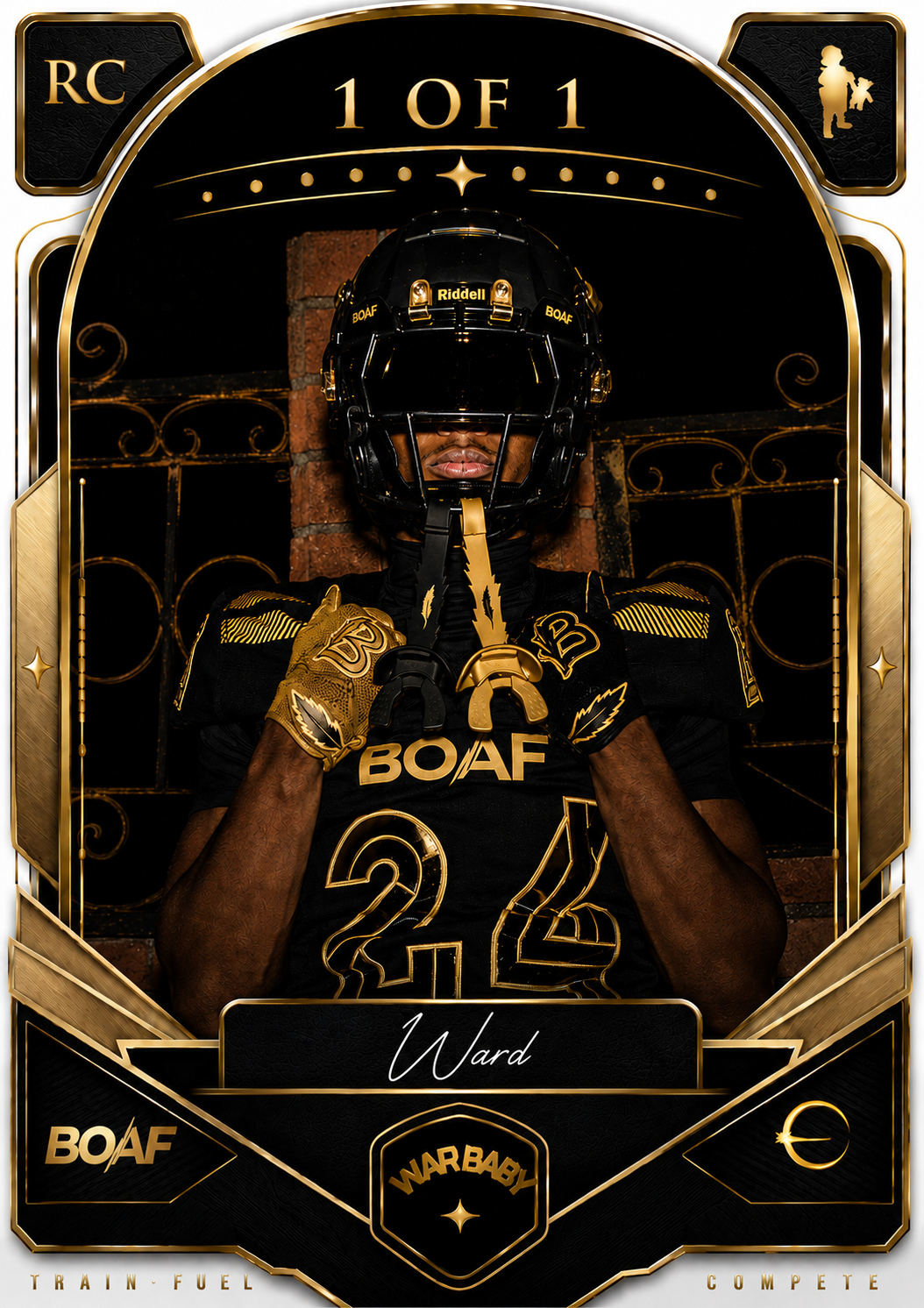 1-of-1 limited edition player trading card in a gold filigree frame