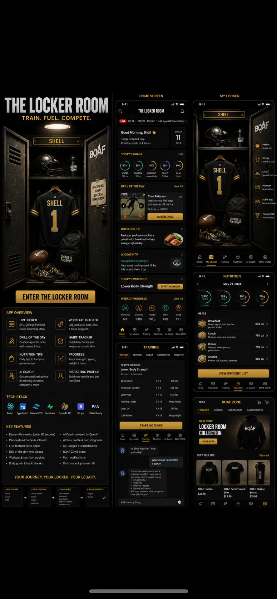 The Locker Room app design showcase with mobile screen mockups